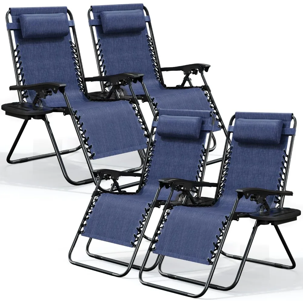

Zero Gravity Chairs Set Of 4, Patio Lounge Chair Outdoor With Pillows & Cup Holder Trays, Adjustable Steel Mesh Reclining Campi