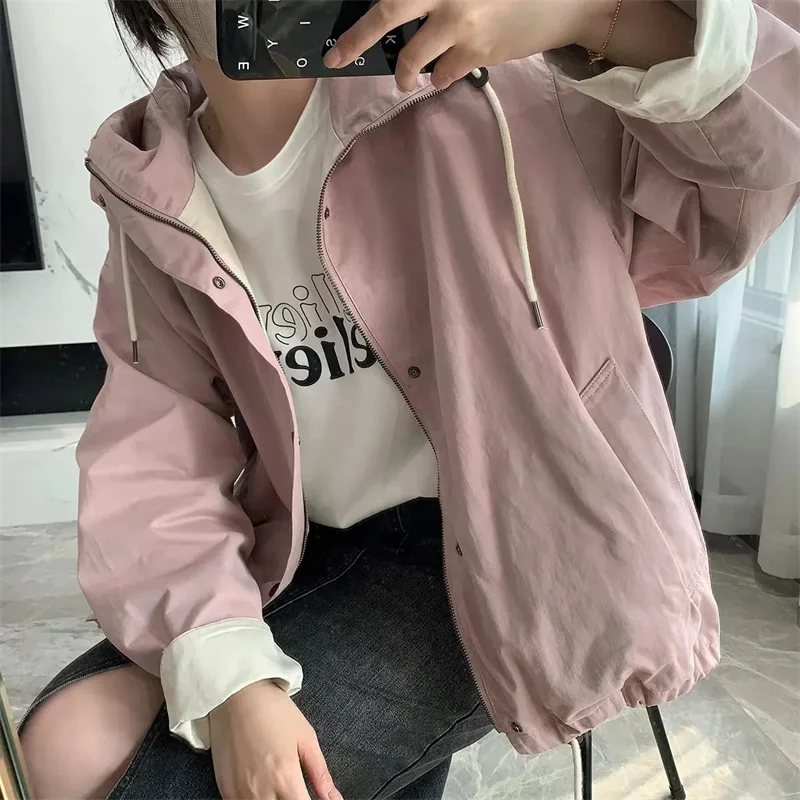 2023 Korean Contrast Hooded Windbreaker Short Coat Women's Spring and Autumn New High Grade Loose Versatile Super Beautiful Top