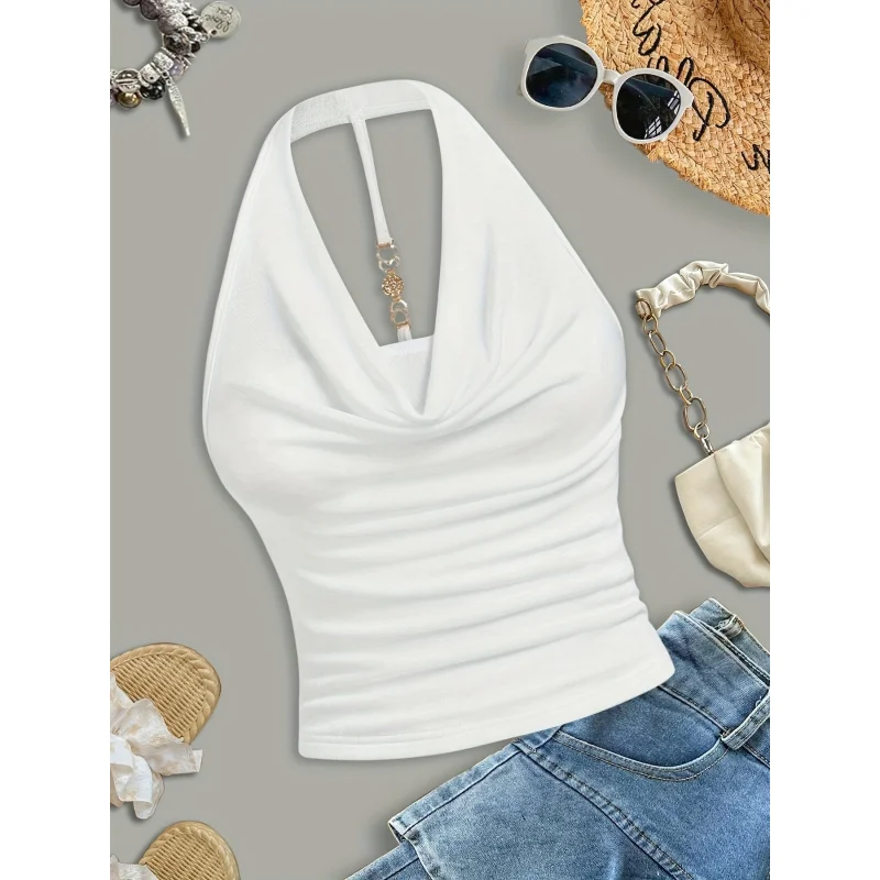 

White Halter Neck Strapless Top, Women's Solid Color Sleeveless Outerwear Top