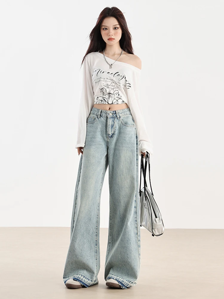 

Women's Blue Jeans 2024 Autumn New Vintage Wide Leg Pants Casual High Waist Baggy Denim Trouser Fashion Versatile