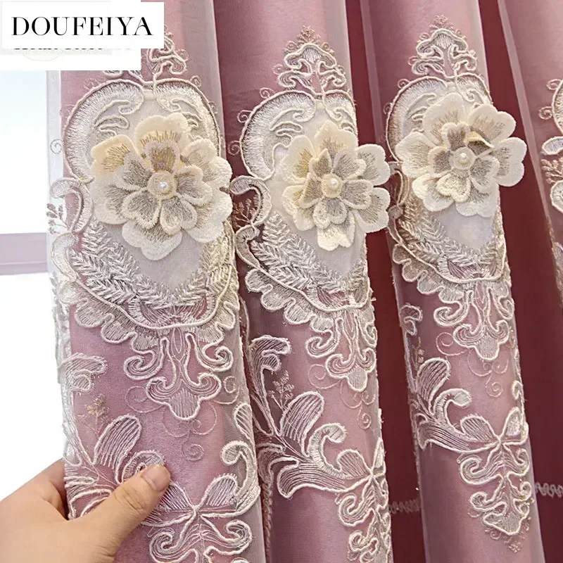

European Embroidered Double Tulle Luxury Curtains for Living Room Bedroom Dining Windows Blackout Elegant Pink Hall Custom