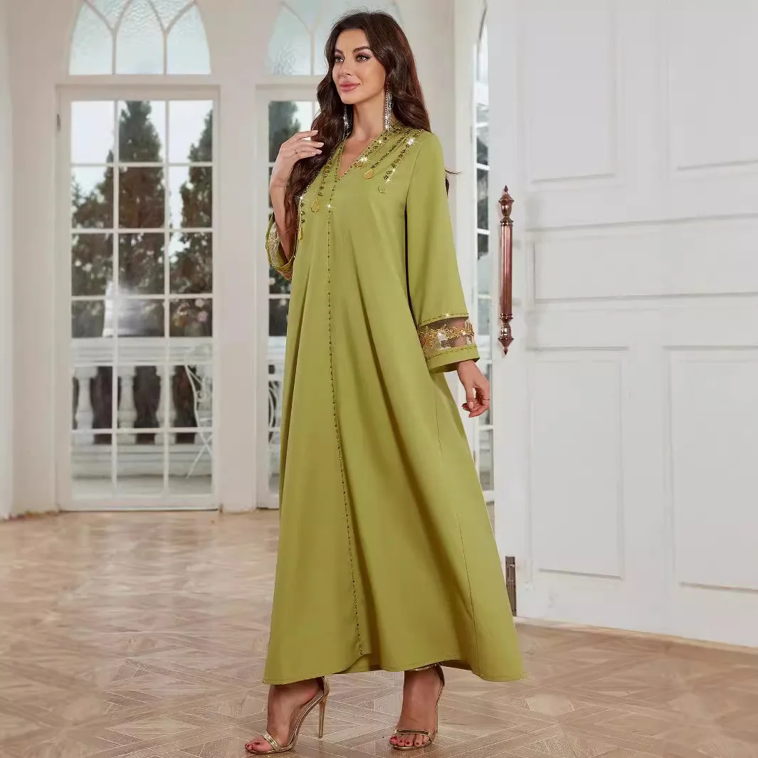 Fragrância de outono verde BA4153 vestido de renda de cânhamo enferrujado costurado à mão com diamante