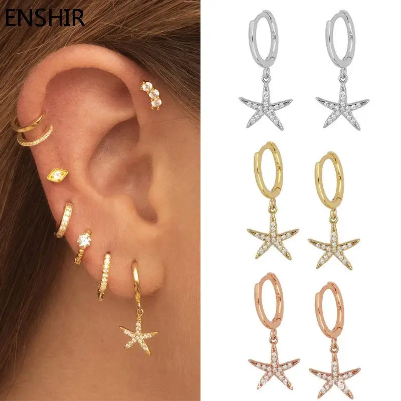 ENSHIR Gold Color Star Hoop Earrings for Women CZ Zircon Pendant Piercing Hoop Earrings New jewelry Wholesale