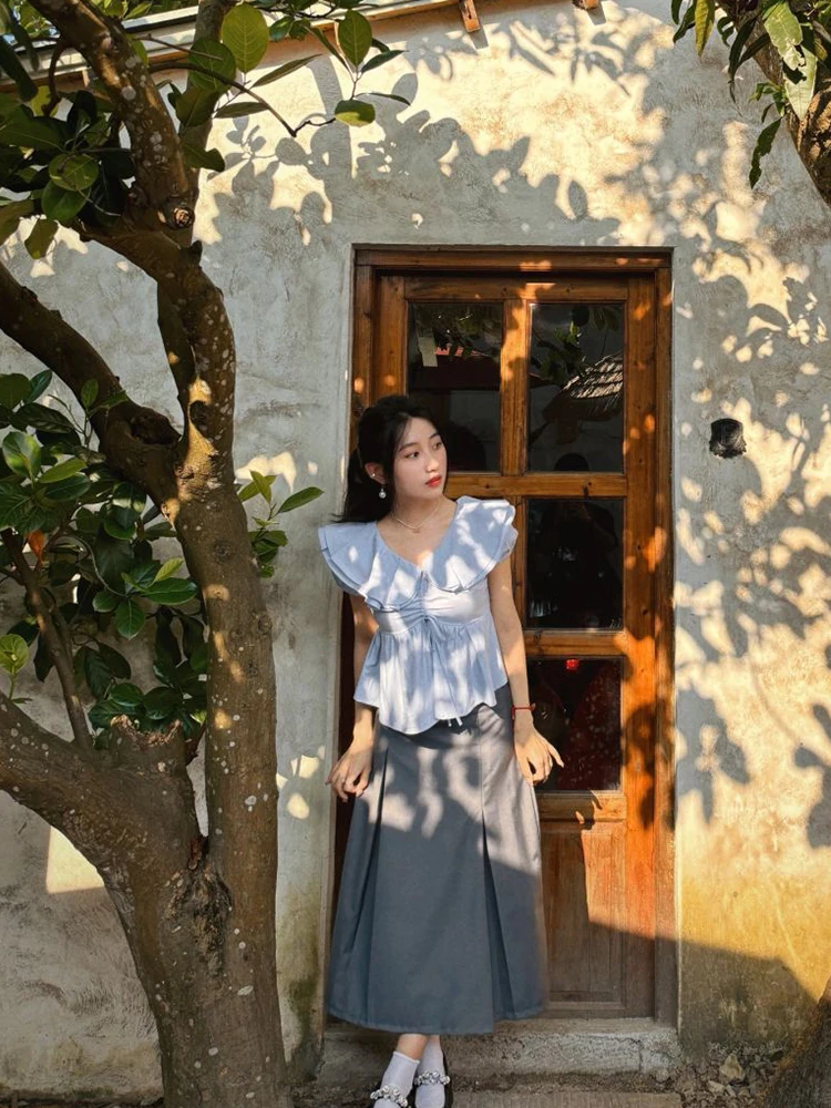 Coréen Sle Anti-âge Faion col à volants ort irt femmes été Design Dstring cravate taille haut décontracté Sle