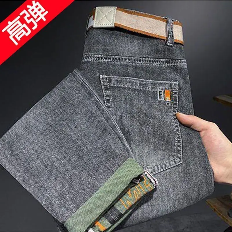 High-Quality Luxury Men\'s Jeans Designer Clothes for Men New 2023 Spring Summer Embroidered Black  Gray Slim Fit Cotton Trousers