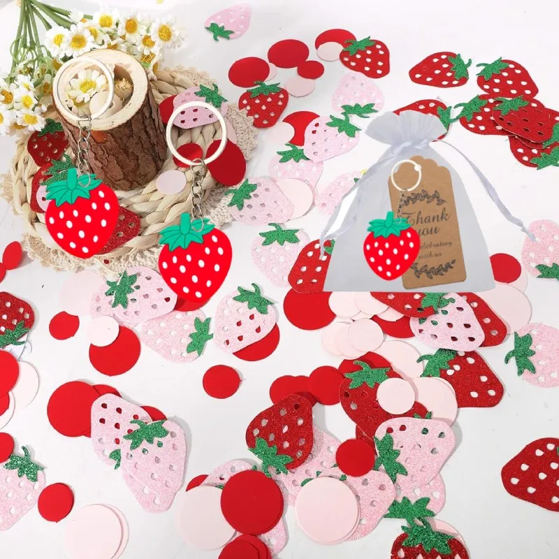 10Sets,Strawberry Keychains for Party Favors with White Goodie Bag Thank You Tags Strawberry Party Supplies