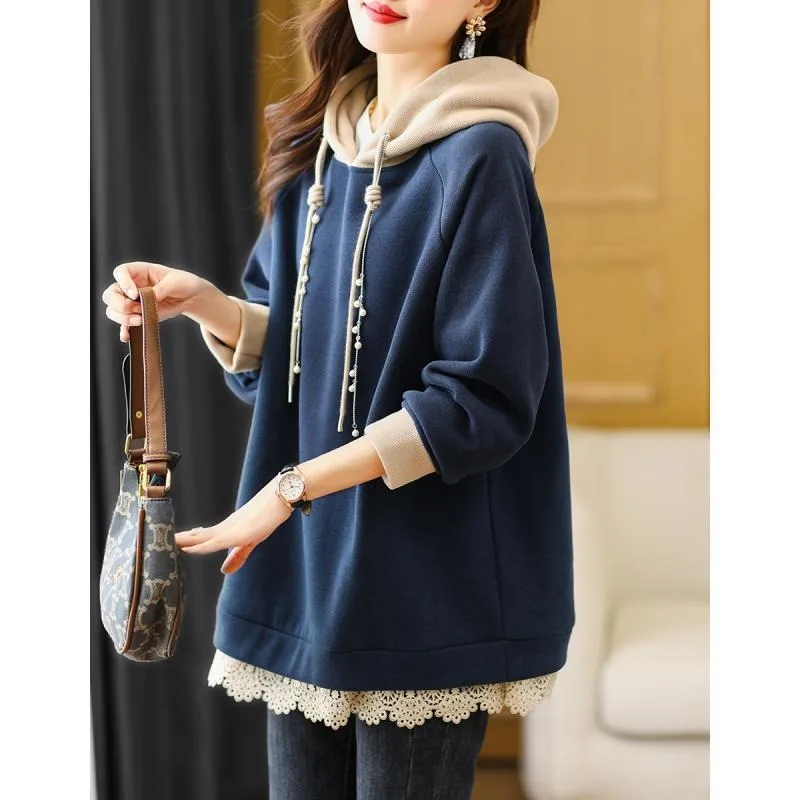 

Loose Large Size Fleece Thickened Hooded Color Matching Sweater Winter Fat Mm Lace Splicing Jacket Women's Spring and Autumn 200