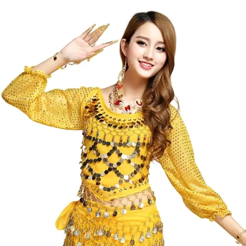B95F Belly Dance เครื่องแต่งกายแขนยาวเหรียญ เสื้อ Top Carnival Dancer ชุด