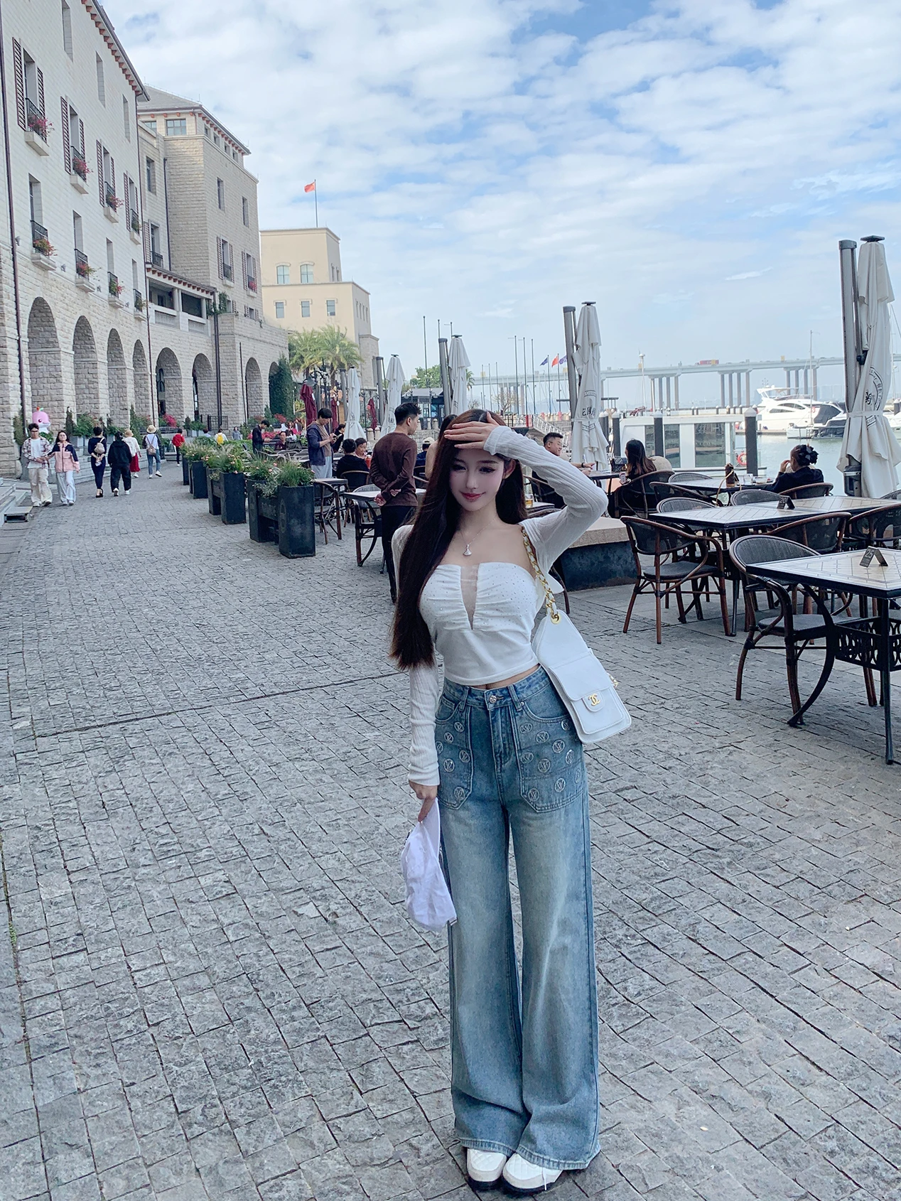 

Джинсы Luna с высокой талией и широкими штанинами, новинка, с блестящим дизайном, большие размеры, женские зимние джинсовые брюки на пуговицах, джинсы для женщин