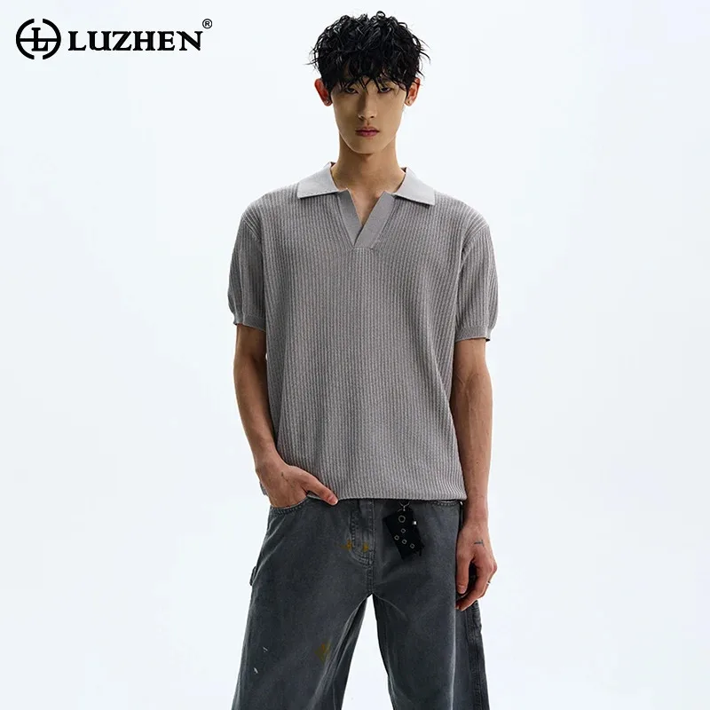

LUZHEN Knitted Stylish Original Sleeve Simple Elegant Lapel Short T-shirts Men's 2025 Summer Solid Color Casual Sweater JY2731