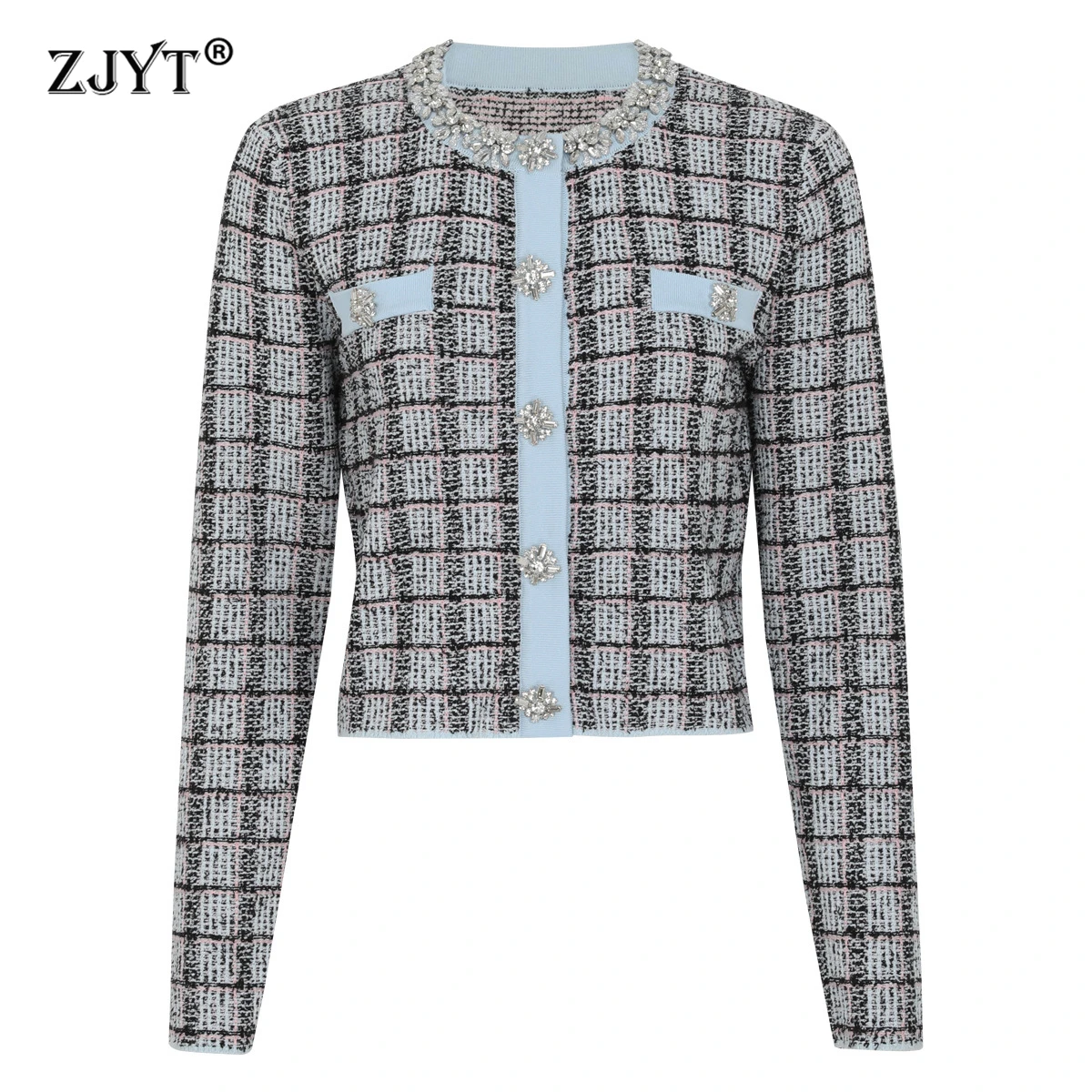 

ZJYT Spring Autumn Cardigans Knitted Tops Sweaters Long Sleeve Plaid Diamonds Vintage Short Coat Knitwears Jersey Mujer Jumper