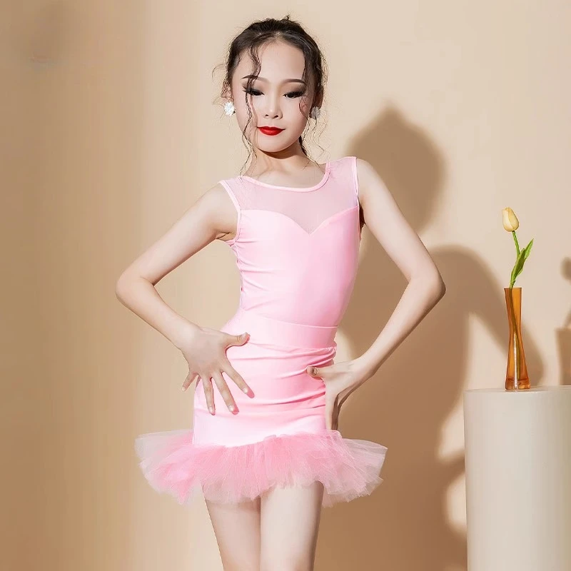 

Pink girl Latin dance costume, female performance training suit, 2025 new style mesh lace Summer professional set