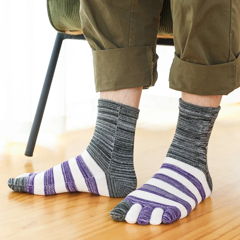 5 Đôi Tất Nam Harajuku Năm Ngón Tay CrewSocks Mans Bé Trai Retro Hàn Quốc Giữa Ống Lớn Sọc Cotton Dày Dặn Ấm Thường Ngày tất Có Ngón Chân