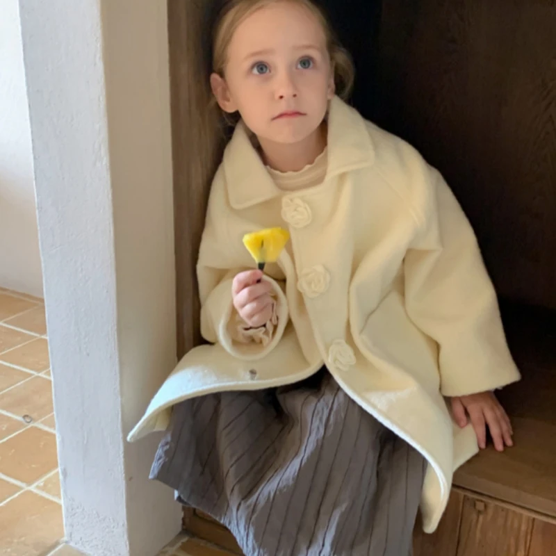 

Girls Woolen Coat Overcoat Jacket Windbreak 2024 Beige Warm Plus Thicken Autumn Winter Cotton School Children's Clothing