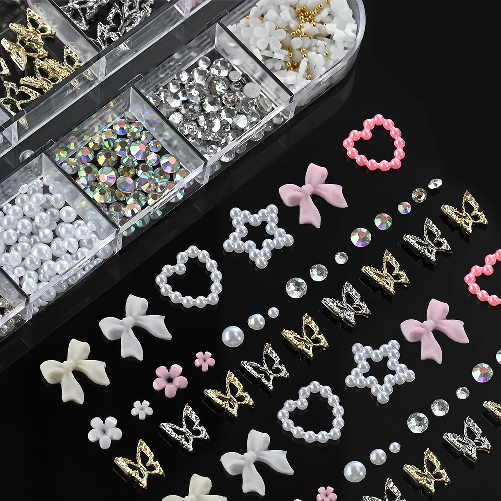 

12Grid 3DColorful Resin Bow Flower Nail Art Decoration Mixed Butterfly Pearls and Gems Nail Rhinestone DIY Y2K Manicure Supplies
