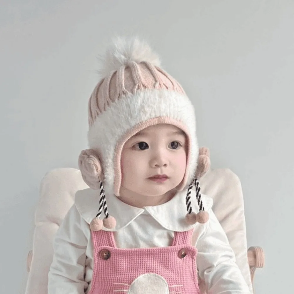 

New Warm Knitted Hat Windproof Cute Bear Pullover Cap Pompom Coldproof Ear Protection Hat for 0-3Y