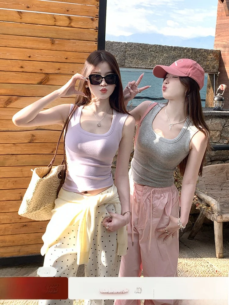 Colete feminino top coreano Sle verão roxo agasalhos U-Neline Svel regata com exposição Ba para escritório e casual...