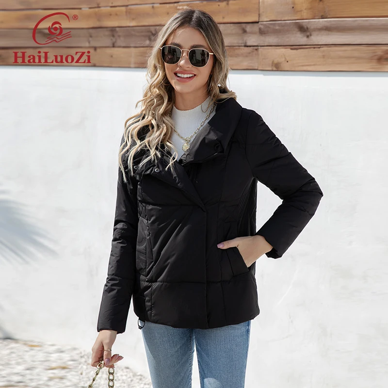 HaiLuoZi 2023 New Spring Women Jackets Quilting Casual Short Slim Thin Female Outwear Side Pockets Lapel Women\'s Coat 7852-1