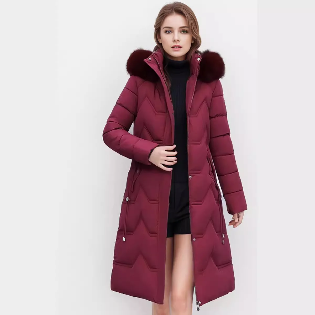 

Зимняя теплая куртка с капюшоном для женщин среднего возраста, пальто на хлопковой подкладке с меховым воротником, длинный стиль выше колена, новинка