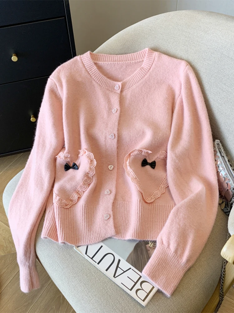 Women's Pink Christmas Cardigan Cozy Sweater Harajuku Long Sleeves Cashmere Sweaters Jumper Vintage Y2k 2000s Cutecore Clothes