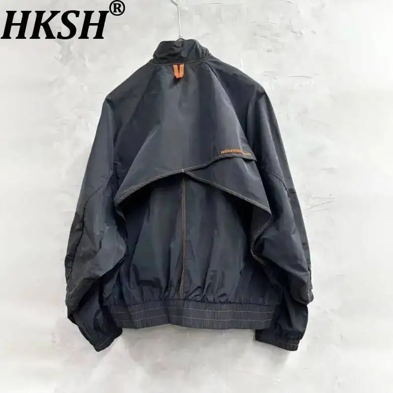 

HKSH Spring New Men Tide Punk Contrast Color Short Stand Collar Jacket Tailored Patchwork Sun-protective Outerwear Coat HK22102