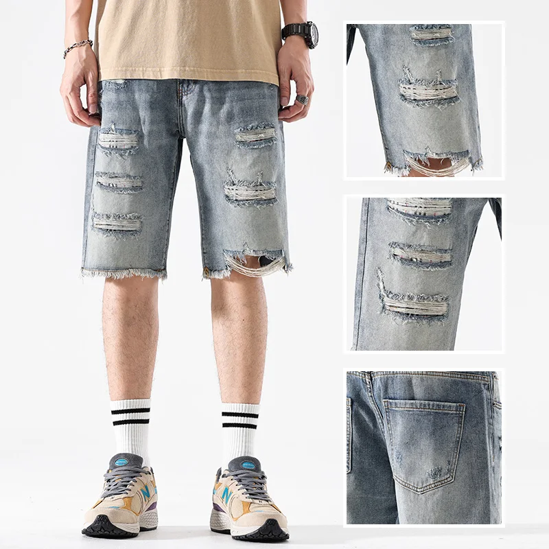 

American casual retro beggar ripped denim shorts for men loose handsome summer thin mid length pants jeans for men
