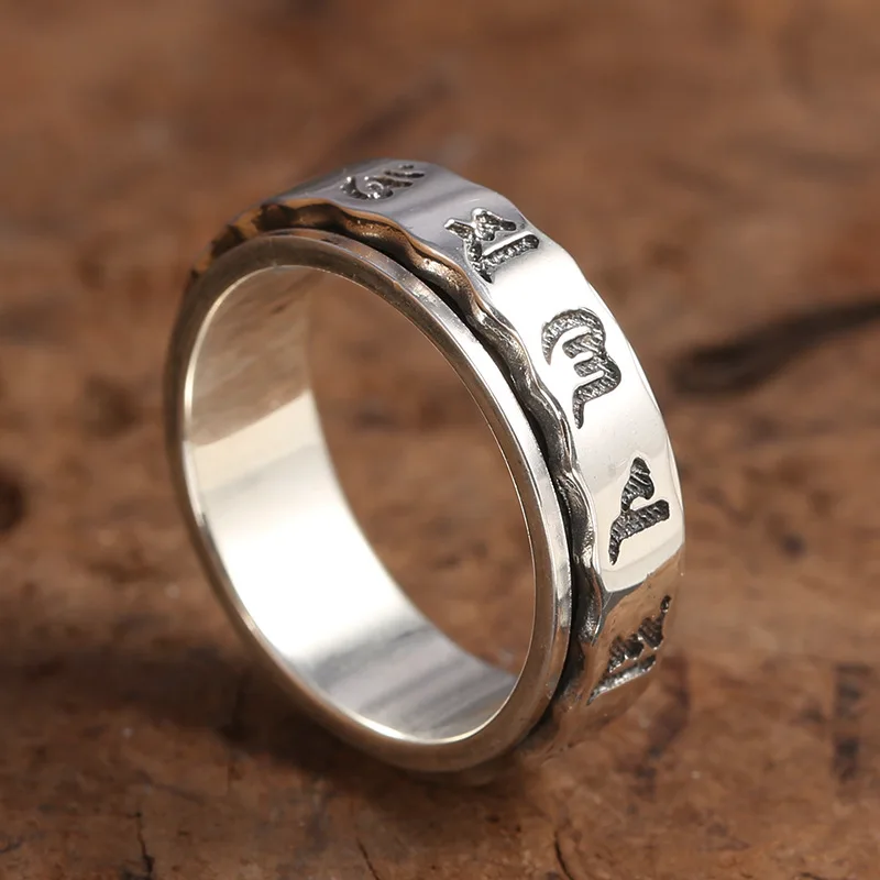 Wholesale S925 sterling silver fashionable retro Thai silver jewelry simple six character mantra rotating ring for men and women
