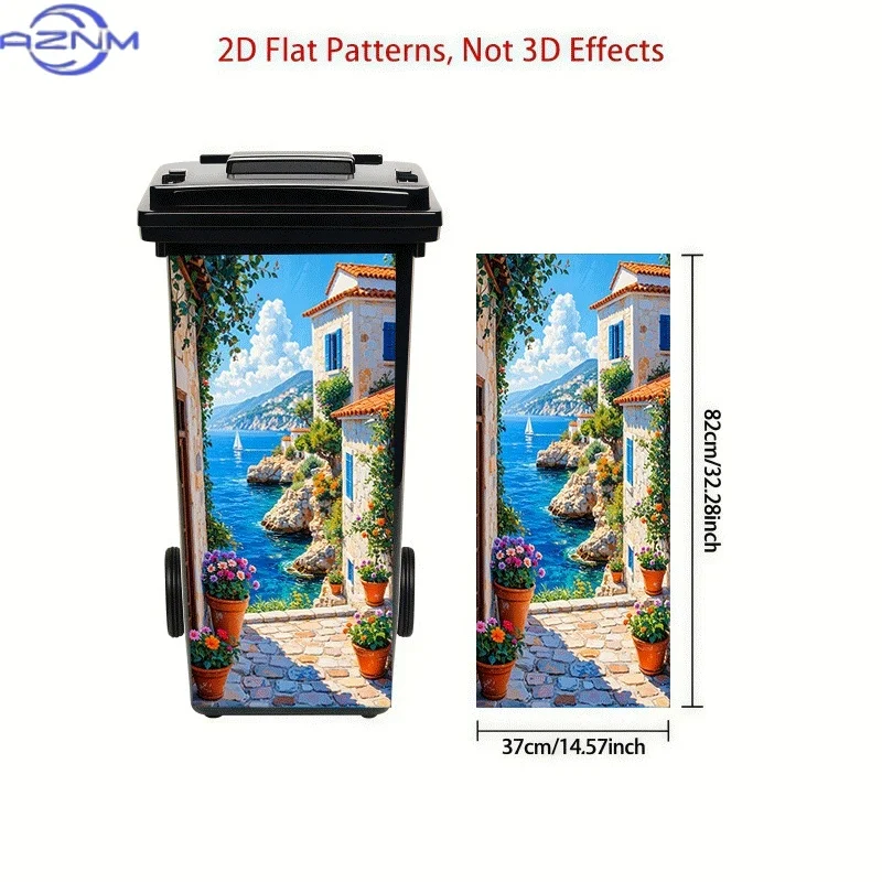 1pc of Trash Can Sticker[37×82 Cm] with a Theme Design of Blue Sea And Red Tiles, Self-Adhesive Wall Decoration Wallpaper for view 4