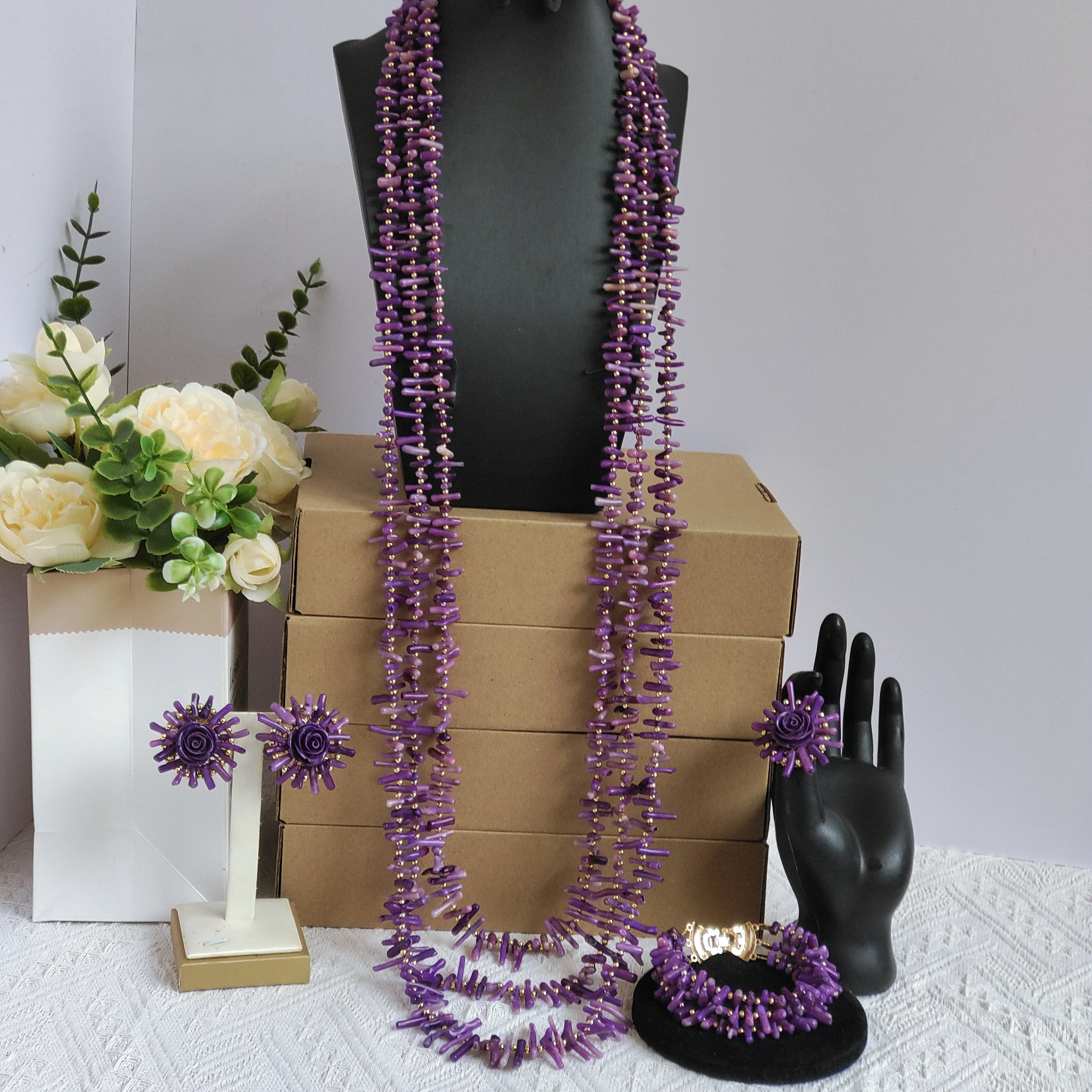 

Laanc 40inches necklace purple nigerian coral bead jewelry set wedding