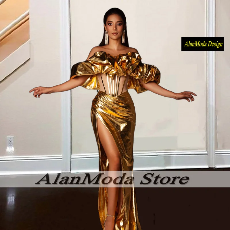 Modest Golden High Split Evening Dresses 2024 Soft Leather Mermaid Wedding Party Gowns Off Shoulder Vestidos De Gala Customized