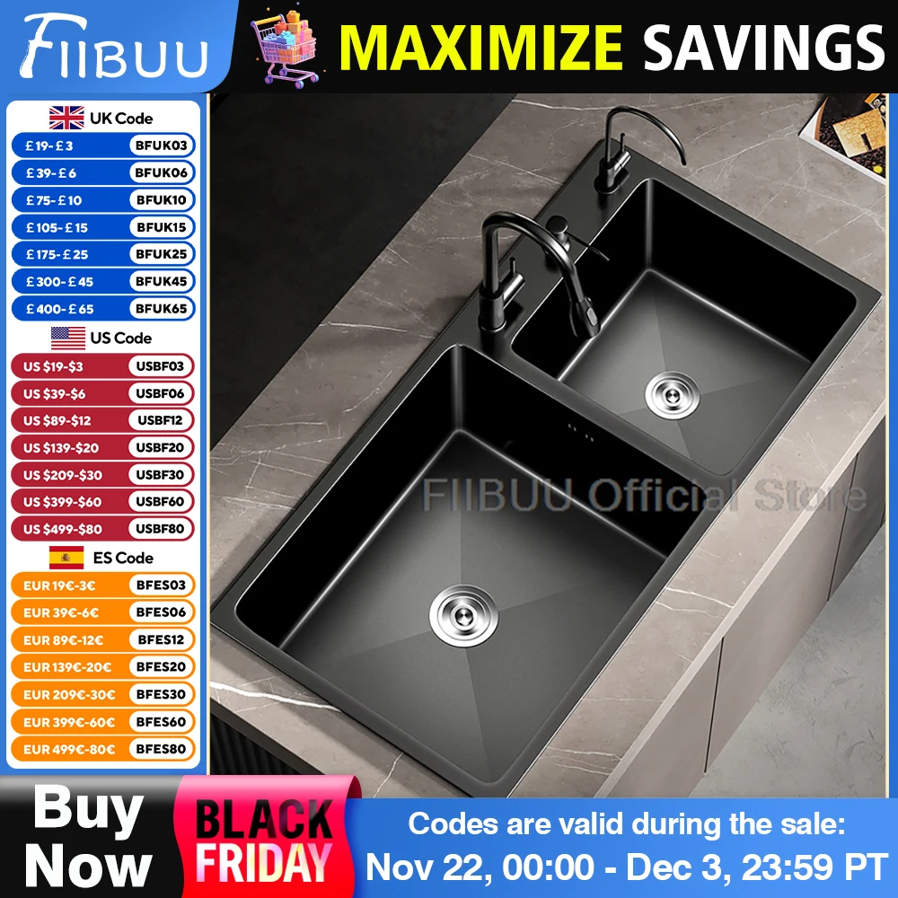 Black Stainless Steel Kitchen Sink Large Capacity Double Sink Thickened Handmade Workstation With Faucet And Telescopic Basket