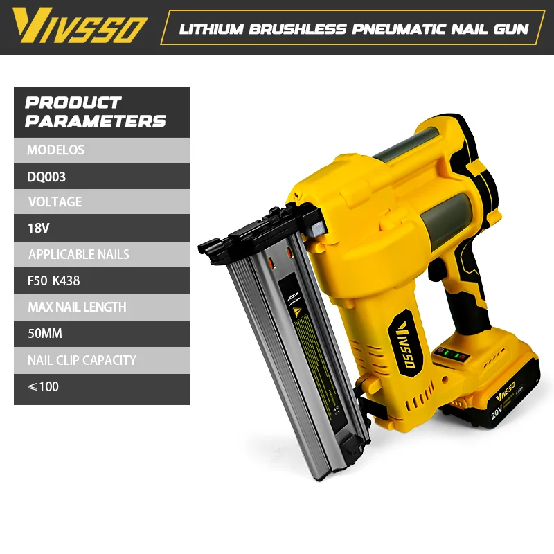 VIVSSO Brushless Electric Nail Gun Cordless Stapler Framing Nailer Tacker Furniture Power Tool For Dewalt 20V Battery Pins