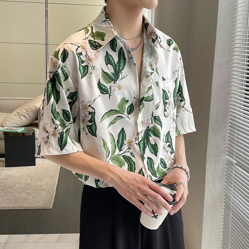 Summer Male Chinese Style Camellia Printing Cardigan Blouse Hombre Half Sleeve Casual Fashion All-match Top Men Vintage Shirt