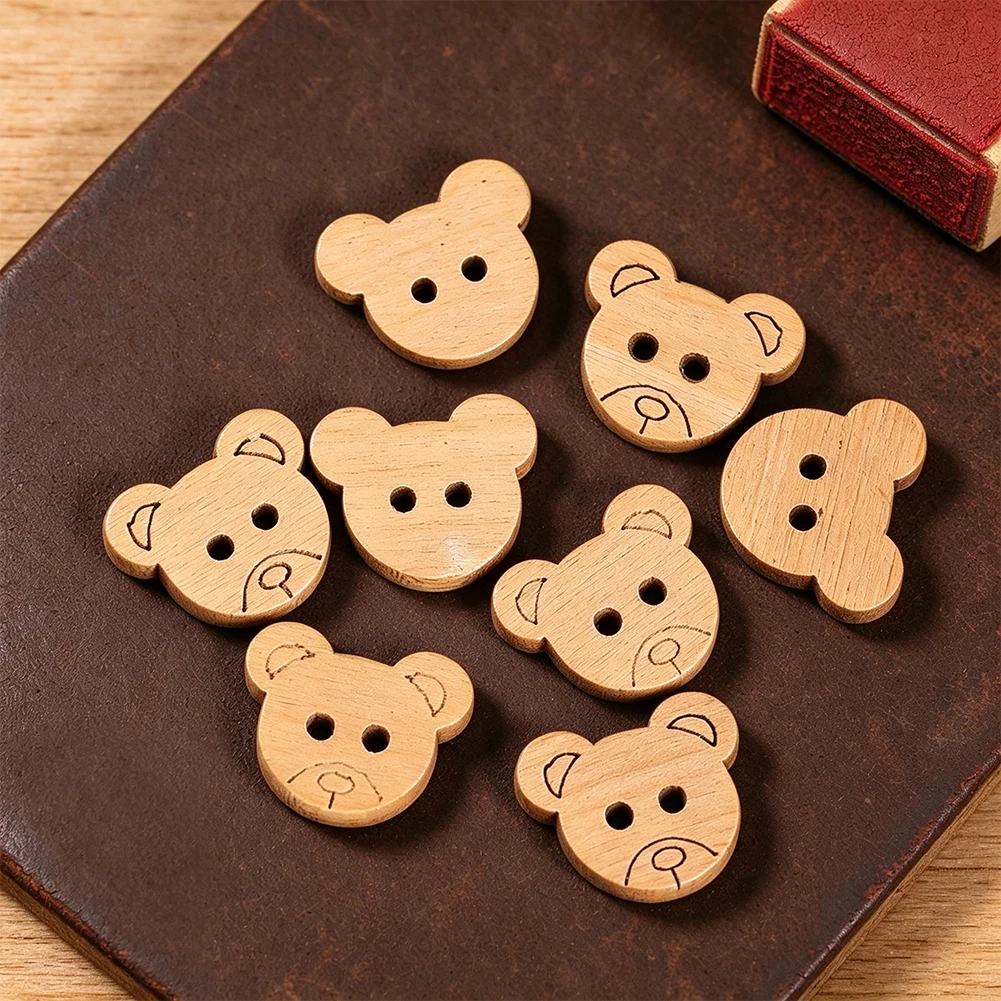50pcs Kawaii Teddy Bear Buttons Wooden Cute Animal Decorative Sewing Buttons 2 Holes for Children Scrapbooking Knitting Project