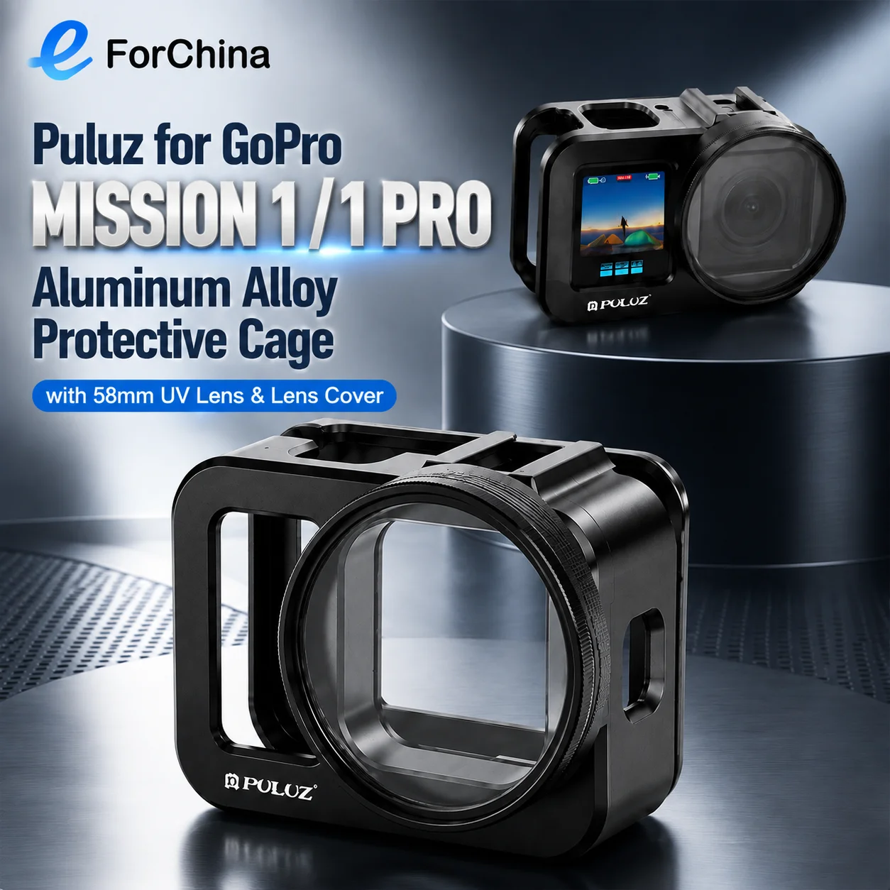 PULUZ for GoPro MISSION 1 / 1 PRO Aluminum Alloy Protective Cage with 58mm UV Lens & Lens Cover, Frame Kit with Cold Shoe Mount