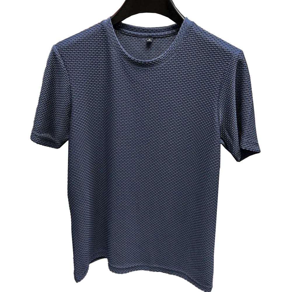 

Elastic Mesh Ice Silk Shirt Short Sleeve Versatile Slim Fit Mens Ice Silk T-shirt Solid Color Pattern Vacation Clothing