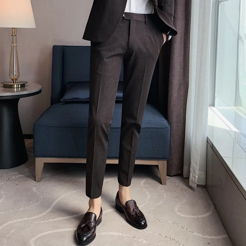 Men Pants Korean Spring Slim Fit Casual High Quality Men Ankle Length Suit Pants Gray Business Formal Social Trousers Streetwear