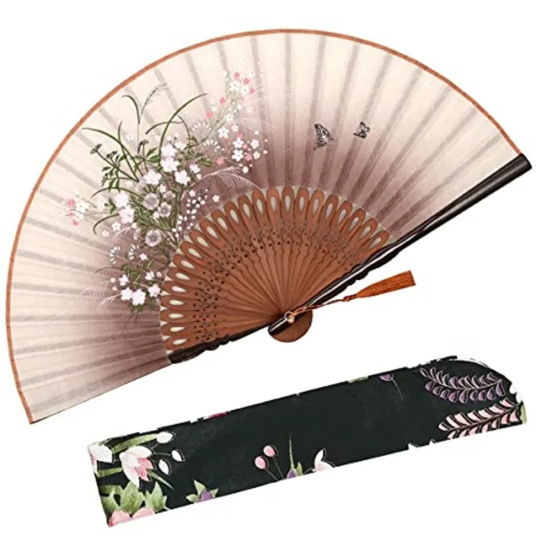 Folding Hand Fan for Women - Foldable Chinee Japanee Vintage Linen Fabric Fan - for Hot Flah, Dance, Performance, Decoration, P