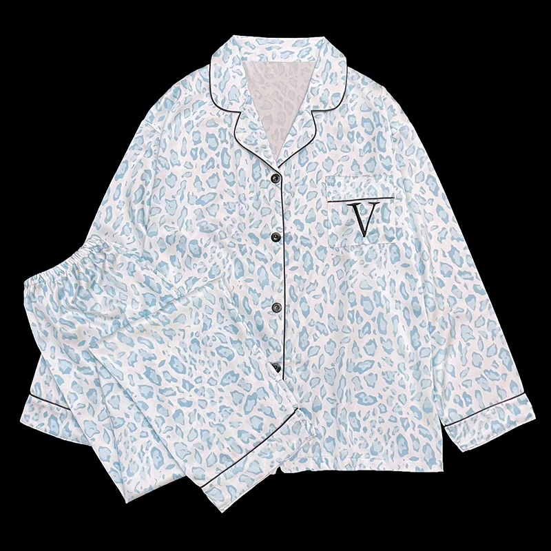 

Spring/Fall New Arrival Leopard Print Pajamas for Women Stylish Outerwear-Ready Loungewear Casual Collared Long-Sleeve Set