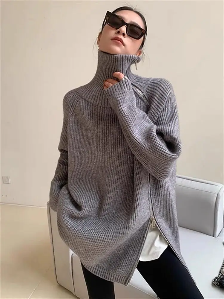 

Office Sweater Clothes Autumn Winter Woman Design Jumper Top Zippers Slit Turtleneck Knitted Woman Pullover Long Sleeve Losse