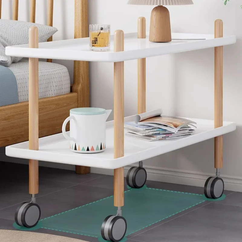 Nordic Mobile Trolley with Rollers, 2-Layer Storage Rack for Living Room, Multifunctional Kitchen Solid Wood Cart Rolling