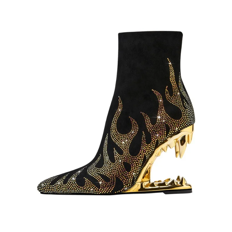 

Gold Silver Teeth Shaped Heel Rhinestone Short Boots Autumn Winter New European American Show Rhinestone Women High Heel Shoes