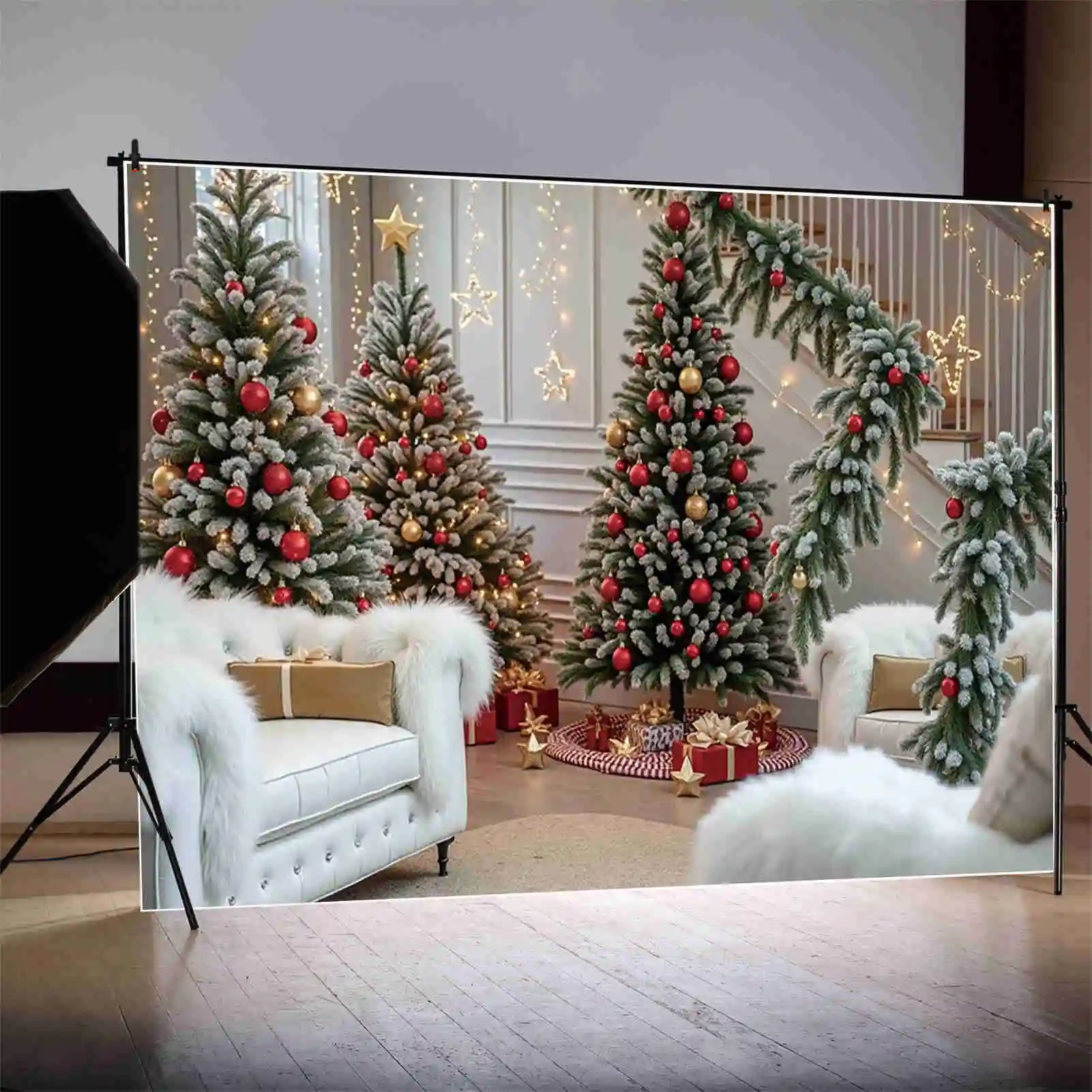 MOON.QG 2024 대형 크리스마스 트리 배경 사진 홈 인테리어 새해 배경 창 커튼 사진 스튜디오 용품
