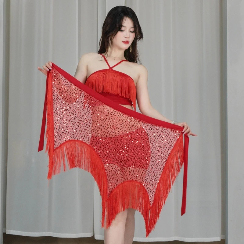 

customized women's adult belly dance practice outfit sexy sequin fringe hip scarf versatile waist scarf performance skirts