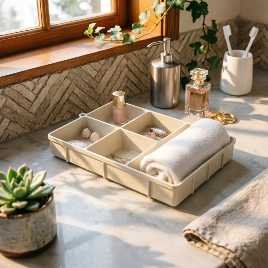 Silicone Tray Easy to Clean Divided Storage Tray Multi Section Organizer Non Slip Silicone Base Organizer Bin for Bathroom