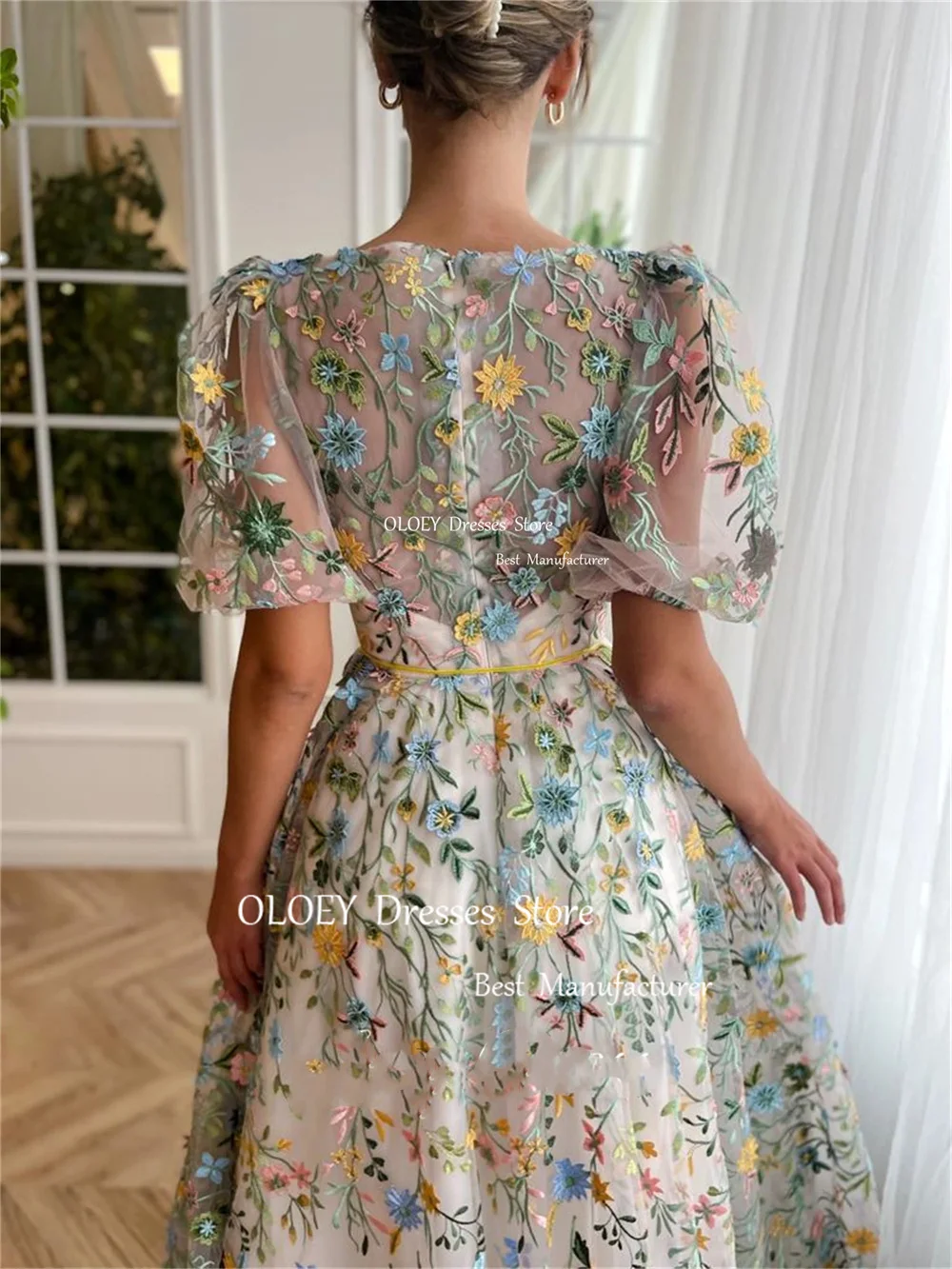 OLOEY Exquisite Embroidery Lace Floral Evening Dress O Neck Photoshoot Short Sleeves Wedding Party Gown Sashes Custom Made