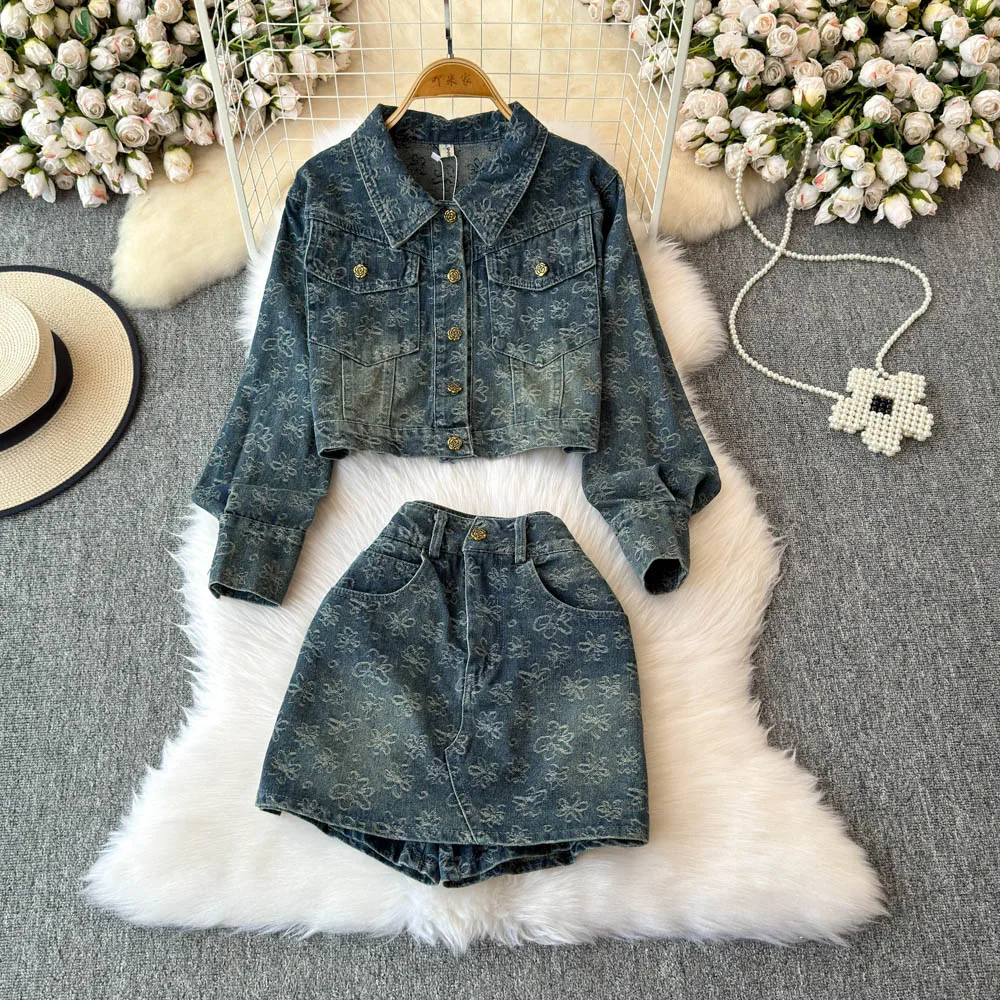 Women Shorts pant sets Two-piece Set Trendy Youthful Printed Denim Jacket And Wide-leg Pants Clothing Suits