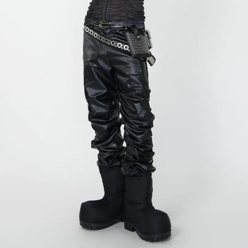 HKSH Spring Autumn New Men Tide Dark Niche Punk Performance Wrinkle PU Leather Pants Women Darkwear Punk Stylish Stacked HK19421