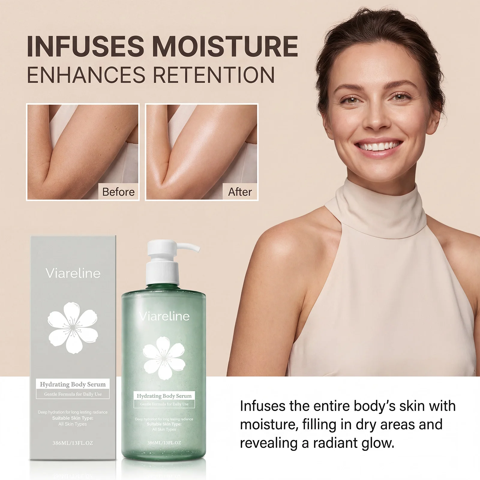 

Увлажняющая эссенция-сыворотка для тела с алоэ и церамидами: быстрое увлажнение, удержание влаги, шелковистая текстура, быстрое впитывание.