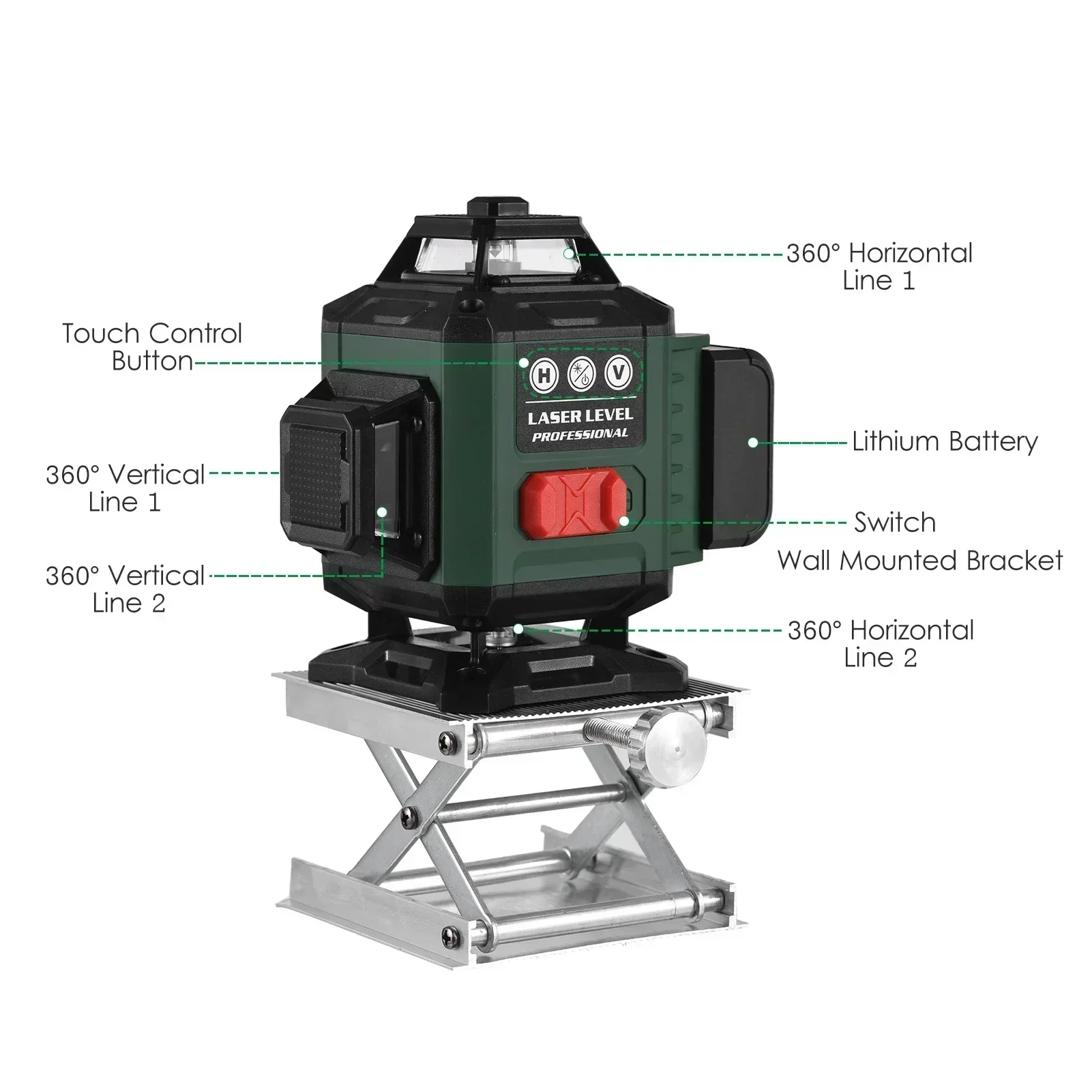 High Precision 360 Self-leveling Laser Level Instrument with 3000mAh Battery High Power Green Laser 4D 8/12/16 Lines Laser Vert